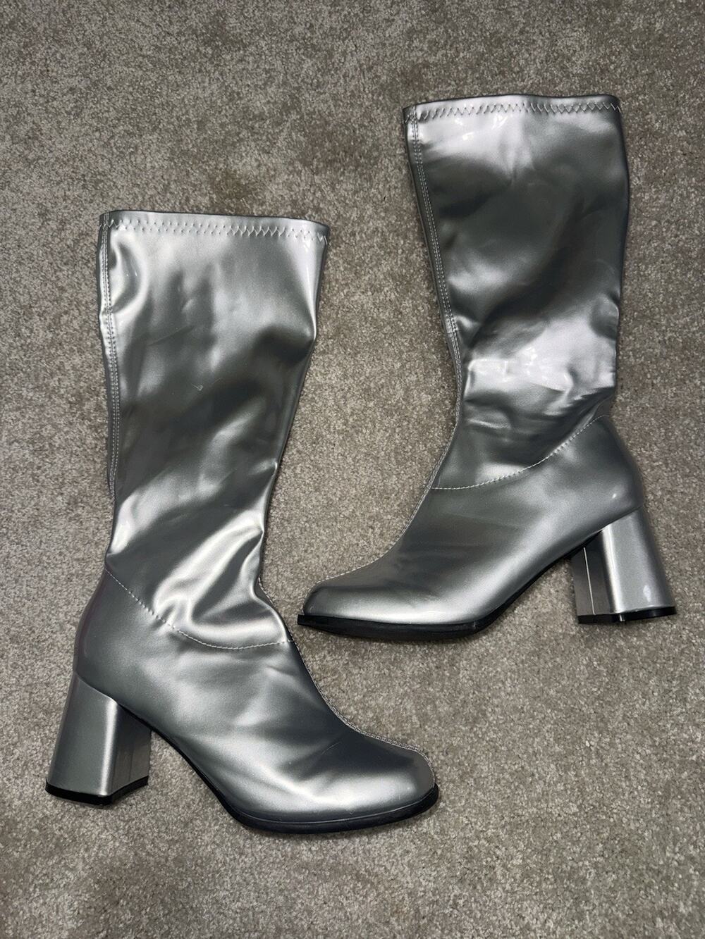 Ellie Sexy Night Club Side Zipper High Heel Boots Silver Shoes Gogo Size 10
